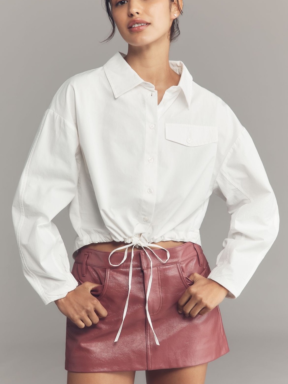 Maeve Cinched-Waist Shirt Button-Down Top - White